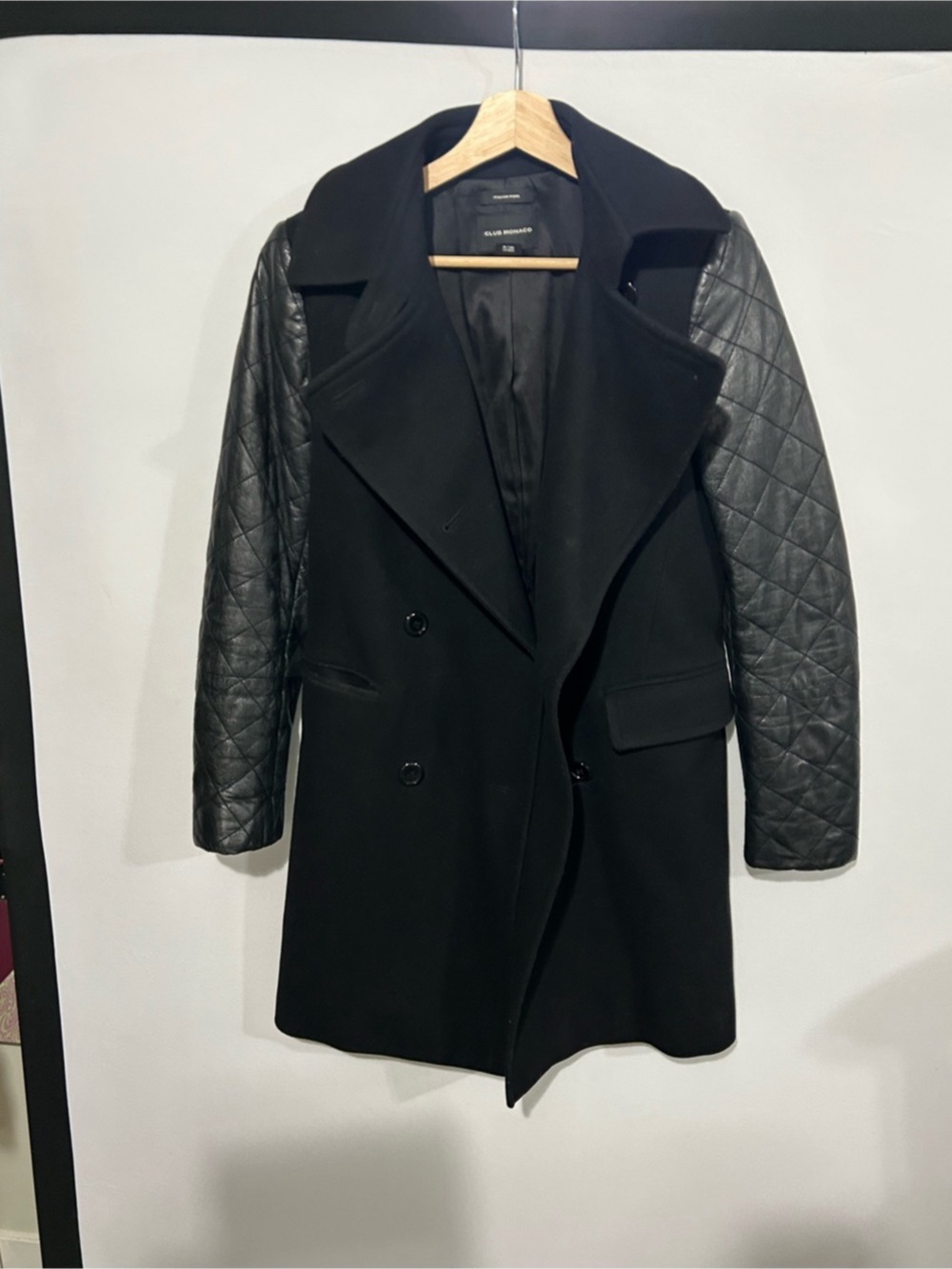 Italian Wool Quilted Lamb Leather Coat Small Black - Club Monaco - Picture 2 of 14
